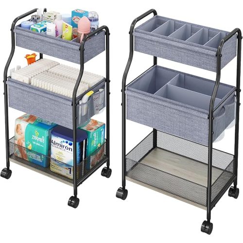 3-Tier Baby Diaper Caddy Organizer and Storage Cart with 4+2 Dividers, Mobile Metal Utility Cart with Rolling Wheels for Nursery Essentials, Large Capacity Rolling Carts for Crib, Bedroom, Bathroom