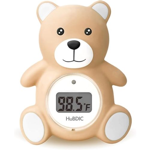 HubiBaby Baby Bath Thermometer & Digital Room Temperature, 2in1 Kids Bathroom Safety Products with Temperature Warning, Floating Teddy Bear (Khaki)