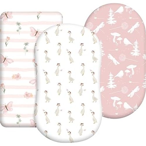 3-Pack Organic Bassinet Sheets for Girls Stretch, Soft Cozy Fitted Bassinet Mattress Sheet (32" x 16") Universal Fit for Hourglass, Oval, & Rectangle Mattresses Pink Butterfly