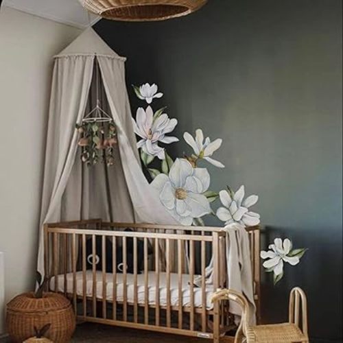 Large White Magnolia Flower Wall Decals Peel and Stick, Self Adhesive Floral Botanical Flowers Stickers Wall Art Decor for Girls Nursery Kids Bedroom Playroom