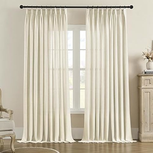 MASWOND Natural Pinch Pleated Semi Sheer Curtains 52W x 90L Inches, Linen Light Filtering Window Curtains for Living Room Bedroom, Pinch Pleat Drapes Easy Hanging Via Hooks (Natural, 1 Panel)