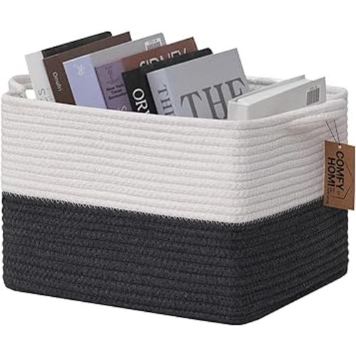COMFY-HOMI Cotton Rope Woven Basket with Handles for Shelves,Toys,Book, Cloth Storage Baskets Bin for Organizing-13.5"x11"x9.5" Toy Decorative Organizer for Living Room, Bathroom-White/Dark Grey