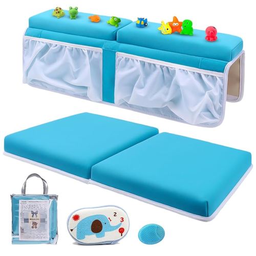 Bath Kneeler and Elbow Rest Set Thick Baby Bath Kneeling Pad Bathing Kneeling Mat Cushion Washable Padded Bathtub Knee Saver with Arm Support and Pockets Organizer for Bathroom Bathtime Comfort, Blue