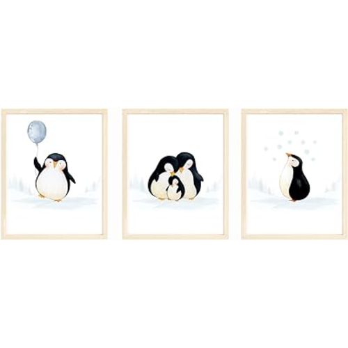bumbleboo Baby Penguin Nursery Wall Prints, Play Room Decoration, Nursery Wall Art, Nursery Room Decor, Penguin Family Print Set, Unframed, Set of 3 Prints, 8x10 (Blue)