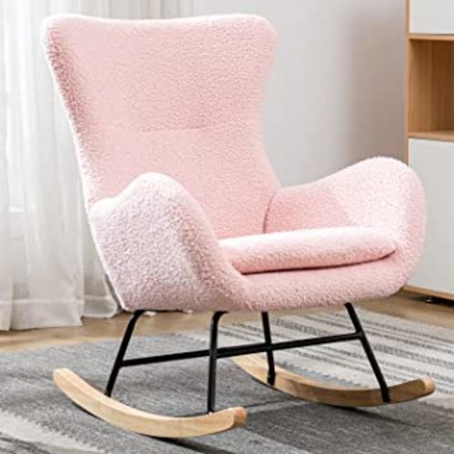 Nursery Glider Rocker, Comfy Uplostered Accent Chair with High Backrest and Armrests, Small Rocking Chair for Living Room, Bedroom (Pink)