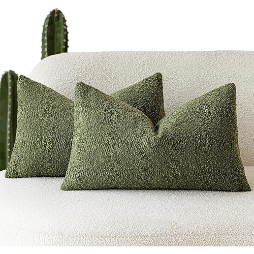Foindtower Pack of 2 Modern Textured Boucle Throw Pillow Covers Accent Solid Decorative Lumbar Pillow Cases Cozy Couch Cushion Case for Chair Sofa Bedroom Living Room Home Decor, 12 x 20 Inch,Green