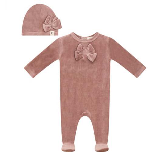 Bow Stitch Velour Onesie with Hat Rose - Bebe Bella | Maisonette
