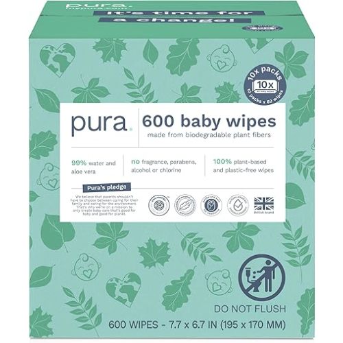 Pura Natural Sensitive Baby Wipes, 99% Water, Unscented & Hypoallergenic, Suitable for Sensitive & Eczema-prone Skin, Hypoallergenic, EWG Verified, 10 Pack of 60 Wet Wipes (600 Diaper Wipes) Bulk Buy