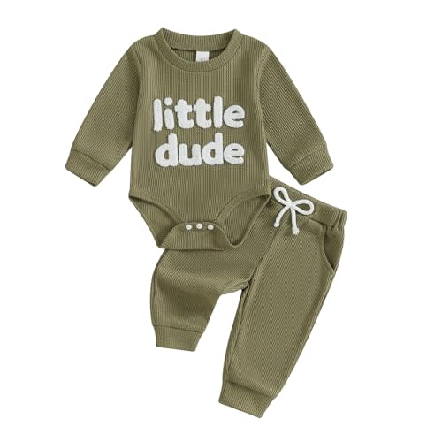 MERSARIPHY Newborn Baby Boy Fall Winter Clothes Mama's Boy Little Dude Outfit Embroidery Waffle Knit Romper Pants Sets