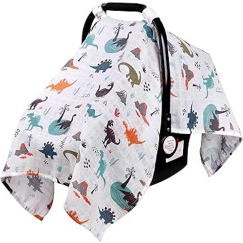 Rquite Muslin Car Seat Cover Baby, Carseat Covers Baby Boy Girl, Breathable Lightweight Infant Car Seat Cover, Baby Carrier Cover Car Seat Canopy Stroller Sun Shade for Summer & Hot Day, Universal Fit