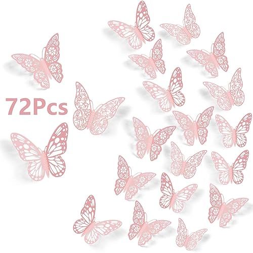 SAOROPEB 3D Butterfly Wall Decor, 72Pcs 3 Sizes 3 Styles, Pink Butterfly Decorations Removable Butterfly Stickers for Room Decor Party Balloon Addition Cake Decoration Flower Arrangements, Pink
