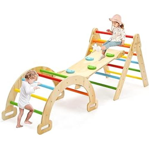Pikler Triangle Set, 5 in 1 Rainbow Baby Montessori Climbing Toys, Indoor Playground for Kids, Foldable Indoor Climbing Toys with Ramp, Arch Climber, Baby Climbing Toys for Toddlers 1-3