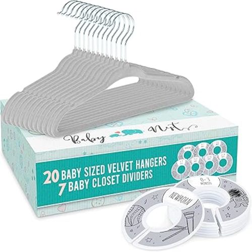 Baby Nest Designs 20x Baby Hangers for Closet with 7X Baby Closet Dividers for Nursery Velvet Baby Clothes Hangers Unisex Newborn Essentials Baby Size Organizer for Infant Clothing to 24 Months