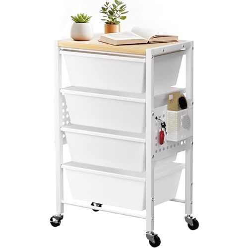 Rolling Cart with 4 Drawers, Plastic Drawer Storage Carts with Lockable Wheels & Wooden Tabletop, Metal Utility Cart with Pegboards & Hooks, Office Living Room Craft Organization and Storage, White