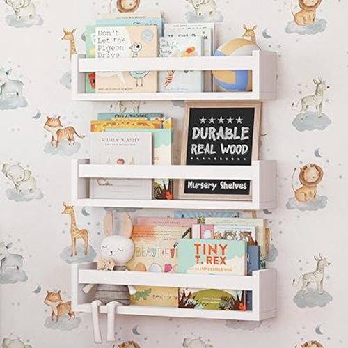 NATURE SUPPLIES Set of 3 White Floating Shelves for Wall, Kids Bookshelf for Bedroom, Book Shelf for Kids Rooms, Nursery Book Shelves, Nursery Shelves for Wall