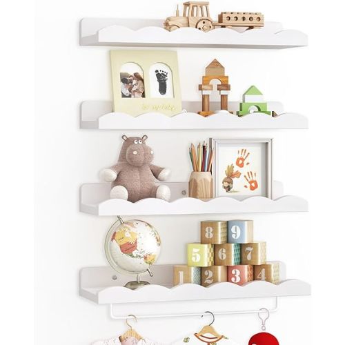 Fixwal Nursery Shelves, 16.5 Inch Floating Bookshelves for Wall Set of 4, Scalloped Wall Book Shelves with Towel Rack for Kids, Toddler Room, Baby Room, Nursery Decor and Storage(White)