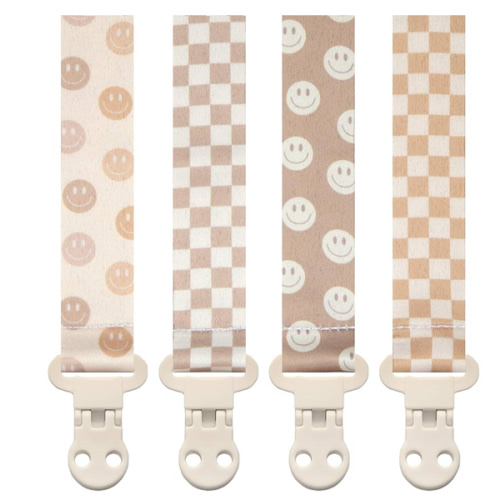 Baby Pacifier Clip Holder - Girl or Boy Unisex 4 Pack Gift Set - Retro Checker and Smiley Faces Design