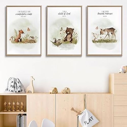 3Pcs Christian Nursery Animal Wall Art Bible Verse Wall Decor Pictures Religious Watercolor Cute Baby Animals Posters Prints for Kids Boys Girls Room Home Decoration Unframed 12x16in