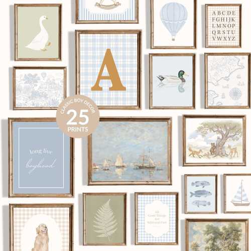 Classic Boy Nursery Art Prints: Vintage Blue and Sage Toddler Wall Decor (Digital Download)