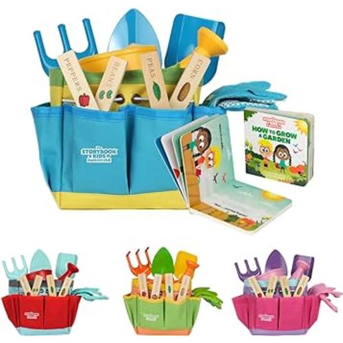Blue Kids Gardening Tools - includes Sturdy Tote Bag, Watering Can, Gloves, Shovels, Rake, and Delightful Children's Book - Kids Garden Tool Set -Easter Gifts for Toddler Age on up.