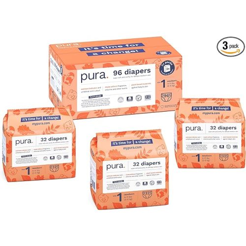 Pura Size 1 Eco-Friendly Diapers (4-11lbs) Totally Chlorine Free (TCF), Hypoallergenic, Soft Organic Cotton Comfort, Sustainable, Wetness Indicator, Allergy UK, 3 Packs of 32 (96 Baby Diapers) - Size 1 (96 Diapers)