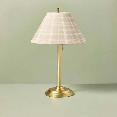 23" Brass Accent Table Lamp With Classic Plaid Shade Cream/tan - Hearth & Hand™ With Magnolia