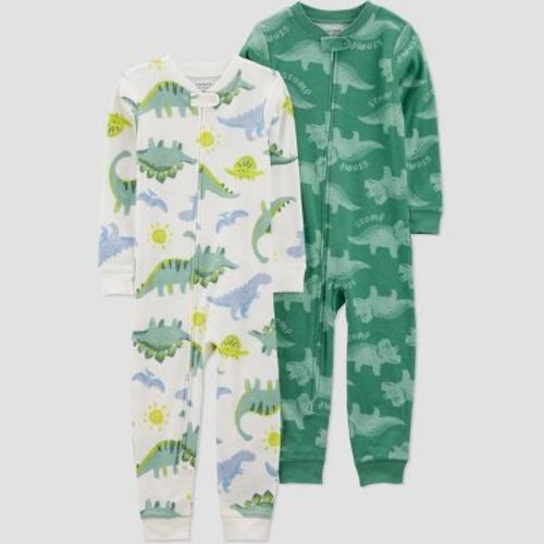 Carter's Just One You® Toddler Boys' 2pk Cotton Snug Fit Dinosaurs Footed Pajama - Green/White 12M: Lightweight Crew Neck, Long Sleeve