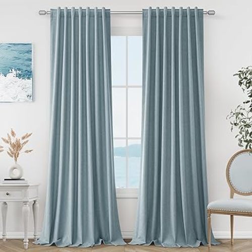 Guken Blue Linen Blackout Curtains 84 Inch Length 2 Panels Set for Living Room Bedroom Back Tab Thermal Insulated 100% Black Out Linen Drapes Room Darkening Window Curtains 84 Inches Long Dusty Blue