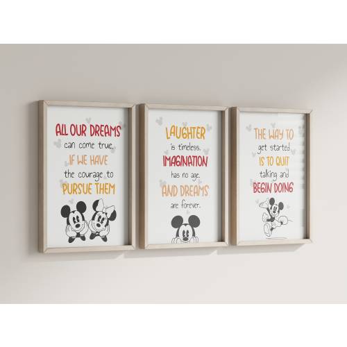 Mickey Mouse Wall Art - Set of 3 Vintage Mickey Mouse Prints Nursery Decor - Inspirational Quotes, Modern Gallery Set
