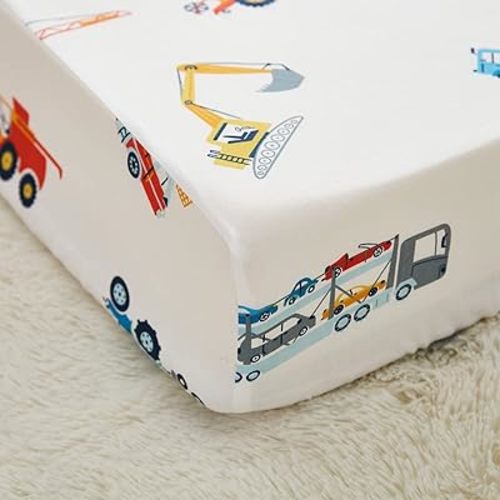 Brandream Fitted Crib Sheets Boys Construction Truck Baby Nursery Toddler Sheets Cotton Car Vehicle Carriage Excavator Design Blue White Yellow Red