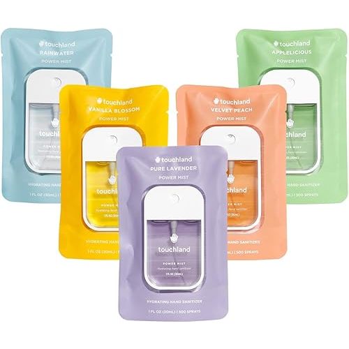 Touchland Power Mist Hydrating Hand Sanitizer Spray, BLOSSOM 5 Set (Lavender, Vanilla, Rainwater, Peach, Applelicious), 1 FL. OZ. Travel Size (Set of 5)