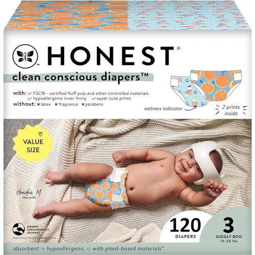 The Honest Company Clean Conscious Diapers | Plant-Based, Sustainable | Orange You Cute + Feeling Nauti | Super Club Box, Size 3 (16-28 lbs), 120 Count