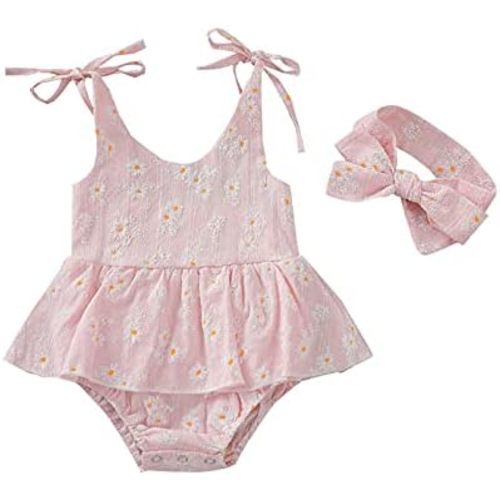 Baby Girls Daisy Playsuits Bodysuit+Headband Print Halter Romper Floral Jumpsuit Infant Onesie Summer Clothes