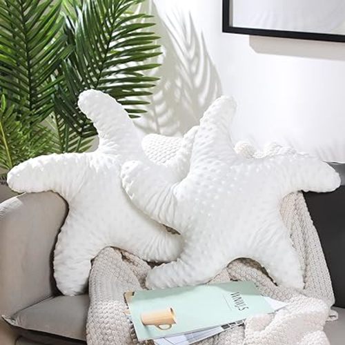 Fumete Starfish Pillow Beach Starfish Shaped Throw Pillows 20'' Stuffed Animal Cute Plush Coastal Decor Ocean Star Pillow Plush Cushion for Kid Bedroom Living Room Sofa Couch(White,2 Pcs)