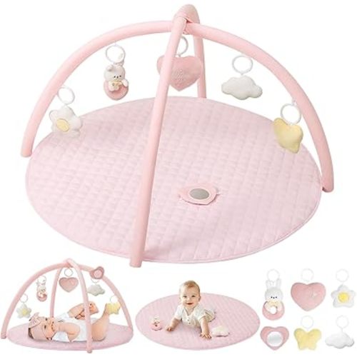 Baby Gym Play Mat, Tummy Time Mat with 6 Detachable Toys, Stylish Activity Play Mat for Babies 0-6-12 Months, Essential Gift for Newborns and Toddlers, Pink