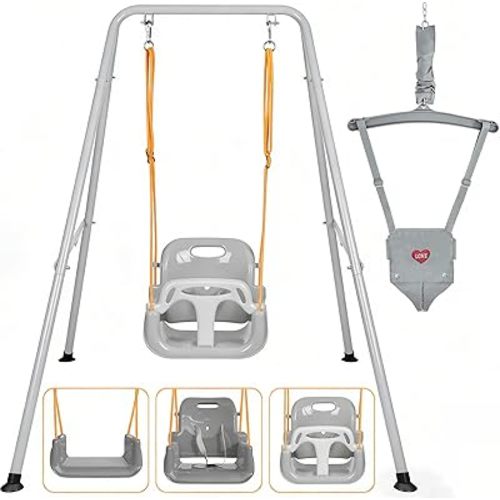 2 in 1 Toddler Swing ＆ Jumper with Frame, Outdoor, Indoor, Baby Swing with Safety Belt for Indoor and Outdoor Use, Foldable Metal Stand & Clear Instructions, Easy to Assemble