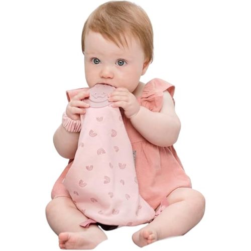Cheeky Chompers Comfortchew | Baby Lovey with Silicone Teether & Sensory Tags | Soft Fleece Material, Attachable Loop, Machine Washable (Rainbow Rose)
