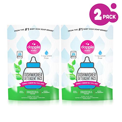 Baby Safe Dishwasher Detergent Pacs by Dapple Baby, 25 Count Pouch (Pack of 2), Fragrance Free, Plant Based & Hypoallergenic Dishwasher Pods - Removes Milk Residue & Odor - Dishes, Baby Bottles & Kitchenware - 50 Count (Pack of 1)