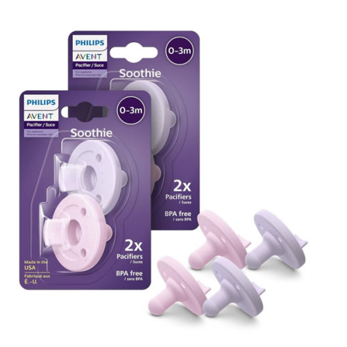 Philips Avent Soothie Orthodontic Baby Pacifiers, 100% Silicone Pacifiers, One Piece, BPA-Free, for Babies 0-3 Months, 2 Lilac and 2 Pink, 4 Pack, Model SCF190/70