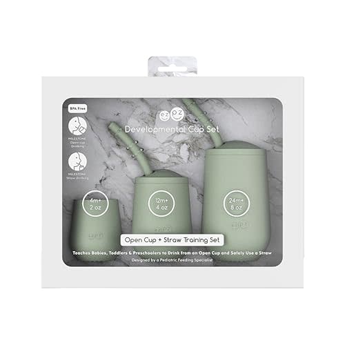 ezpz Developmental Cup Set (Sage) - 100% Silicone - Teaches Babies, Toddlers, and Preschoolers to Drink from an Open Cup and Safely Use a Straw - Designed by a Pediatric Feeding Specialist