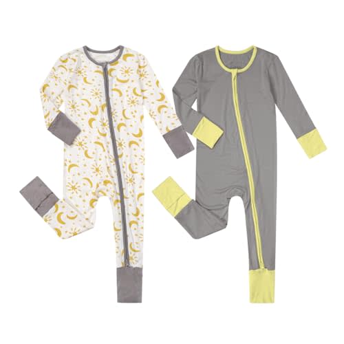 Teach Leanbh Unisex Baby 2 Pack Bamboo Viscose Pajamas with Mittens and Feet Cuffs 2 Way Zipper Long Sleeve Romper