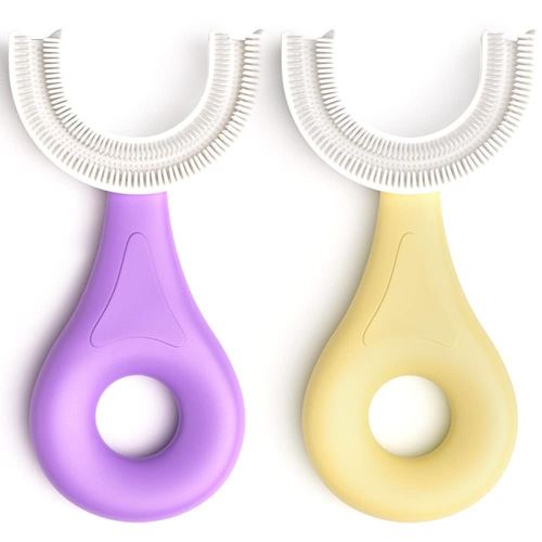 YOTEE U-Shaped Toothbrush Kids 2 PCS - Toddler Toothbrush with Food Grade Soft Silicone Brush Head, Manual Whole Mouth Tooth Brush for Kids Age 2-6(Purple+Yellow)