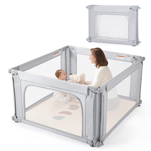 Sweeby Baby Playpen, Foldable Playpens for Babies and Toddlers with Gate, Large Playpen with Door Play Yard for Baby Fence Indoor and Outdoor Portable Play Pen,(50"x50", Grey)