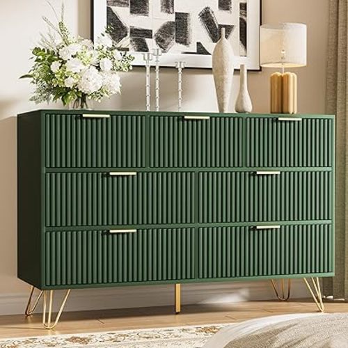 Furniway Dresser for Bedroom, Fluted Modern Dresser with Gold Pulls and 7 Drawers, 15.7" D x 47.2" W x 31.4" H, Green
