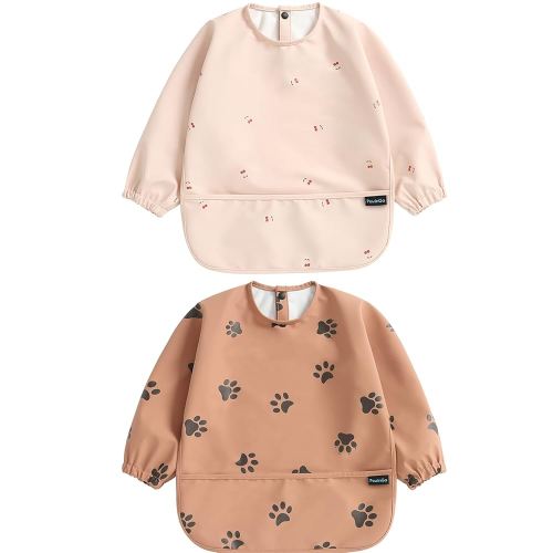 PewinGo Weaning Bib with Long Sleeves 2PCS & BLW, Soft and Skin-Friendly Material, Coverall Bibs for Baby Feeding, Waterproof and Easy to Clean & Machine Washable, for Baby Infant Toddlers