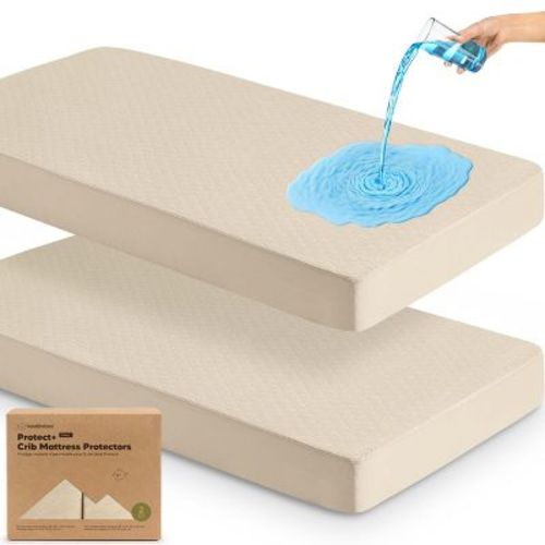 2-Pack Protect+ Waterproof Crib Mattress Protector Covers, Mavy Quilted Cotton Baby Mattress Topper, Toddler Crib Sheets (Oat)