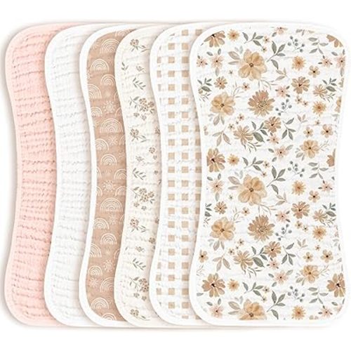 Konssy Muslin Baby Burp Cloths Sets for Unisex- 6 Pack Large 100% Cotton Burping Clothes for Newborn, Baby Girls and Boys