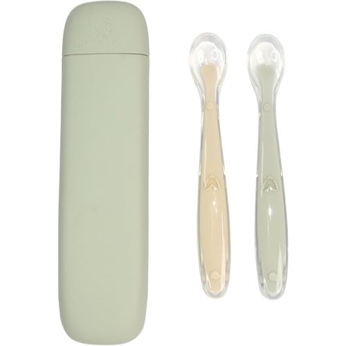 Silicone Baby Feeding Spoons with Storage Box, First Stage Infant Soft-Tip Easy on Gums I Green)