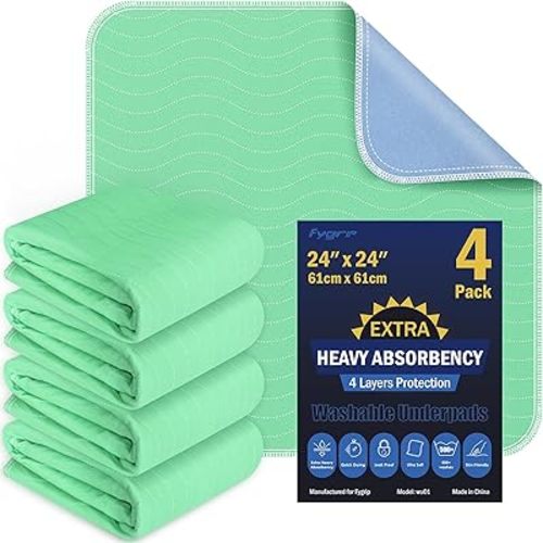 4 Pack 24” x 24” Extra Heavy Absorbency Washable Underpads, Waterproof Nursing Pads Incontinence Bed Pads, Reusable Washable Pee Pads for Dogs, Diaper Changing & Adults, Washable Puppy Pads