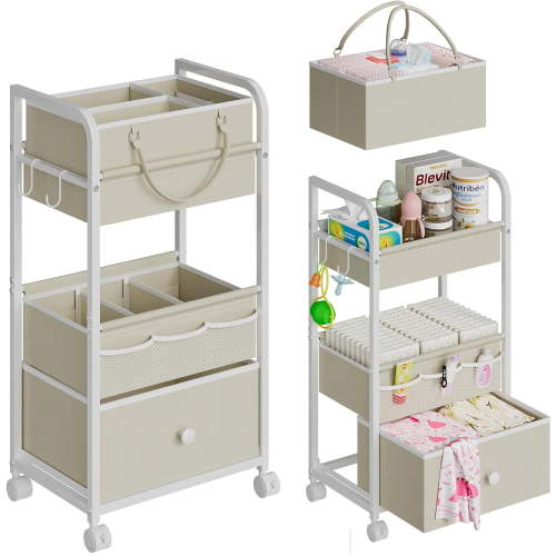 2In1 Baby Diaper Caddy Organizer and Storage, 3 Tier Rolling Cart with Drawer, Detachable Dividers, Mobile Utility Cart Baby Dresser Clothes Organizer for Crib, Bedroom, Art & Craft Storage